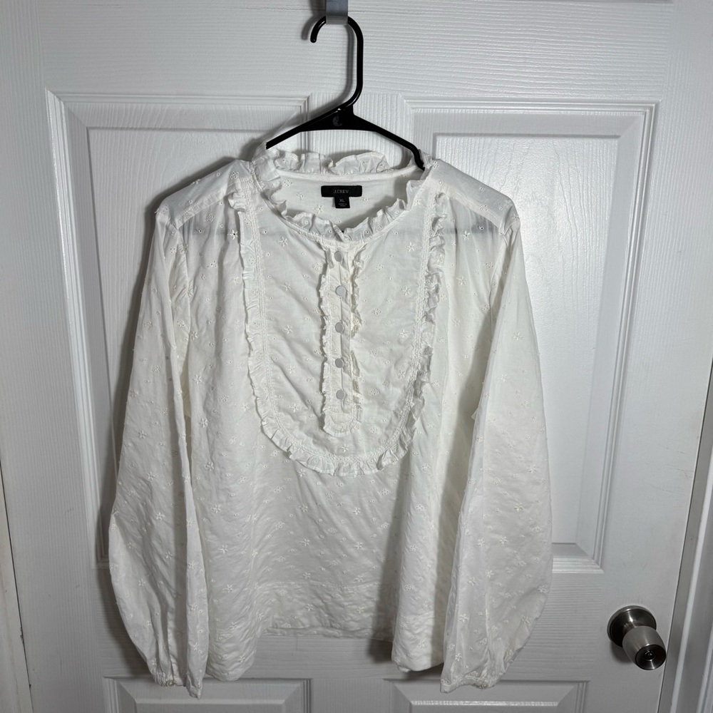 J.Crew Eyelet Ruffle Blouse XL White Cotton Romantic Cottagecore Boho Feminine - Picture 12 of 12